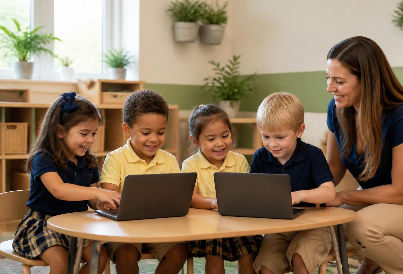 Preschool children in navy and butter-yellow LCA uniforms using laptops with their teacher