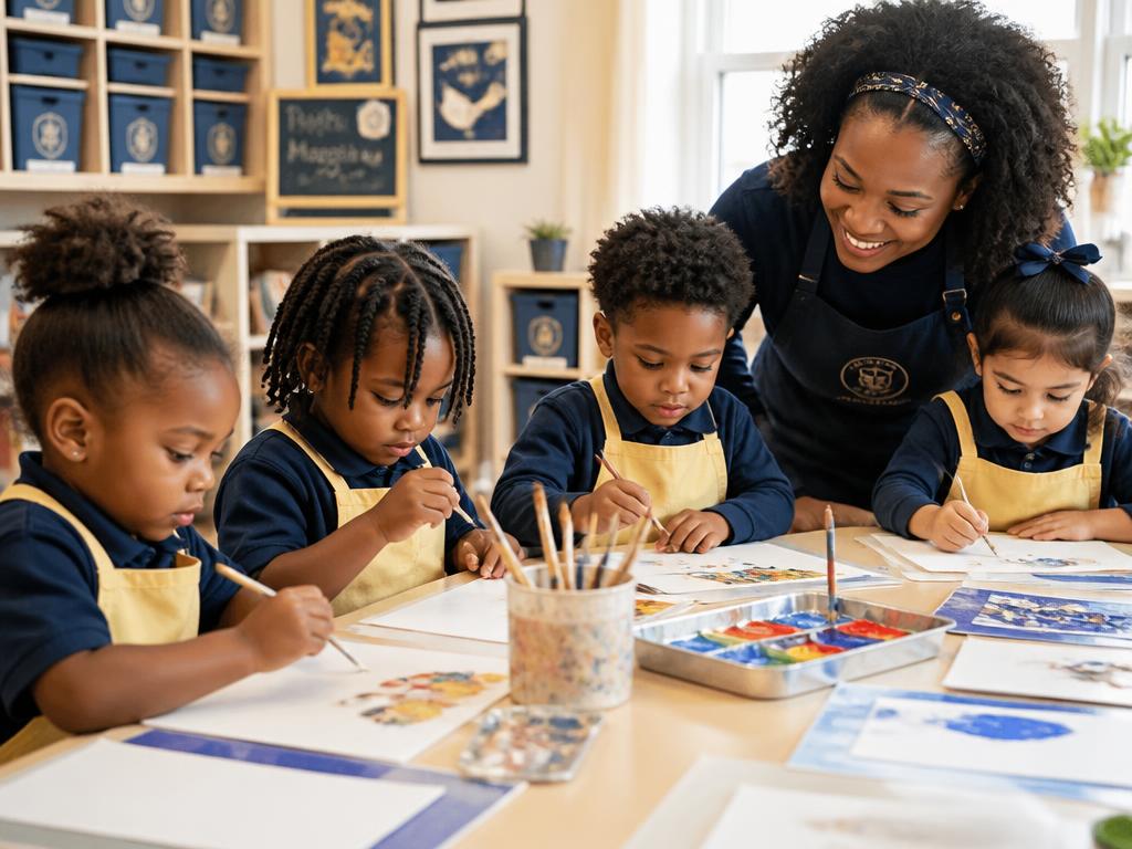 Children creating art and drawing together in a classroom