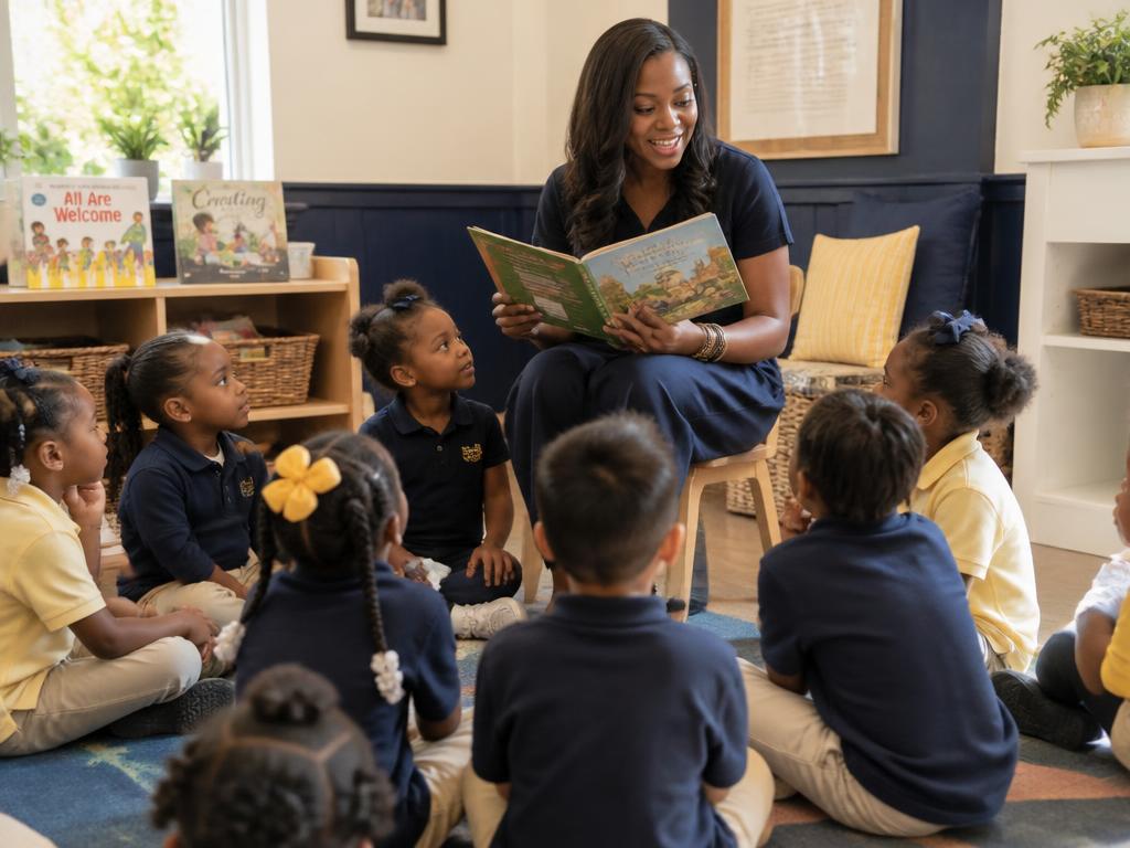 Teacher reading a picture book to children during circle time