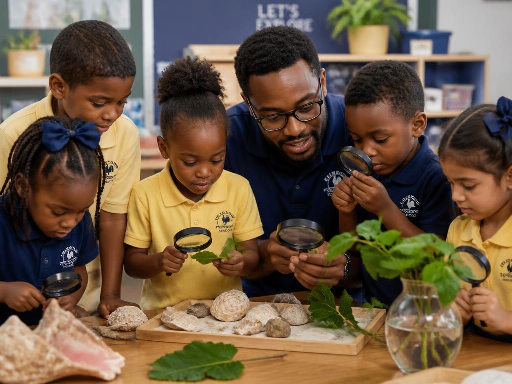 Preschool children exploring science with magnifying glasses in a bright classroom