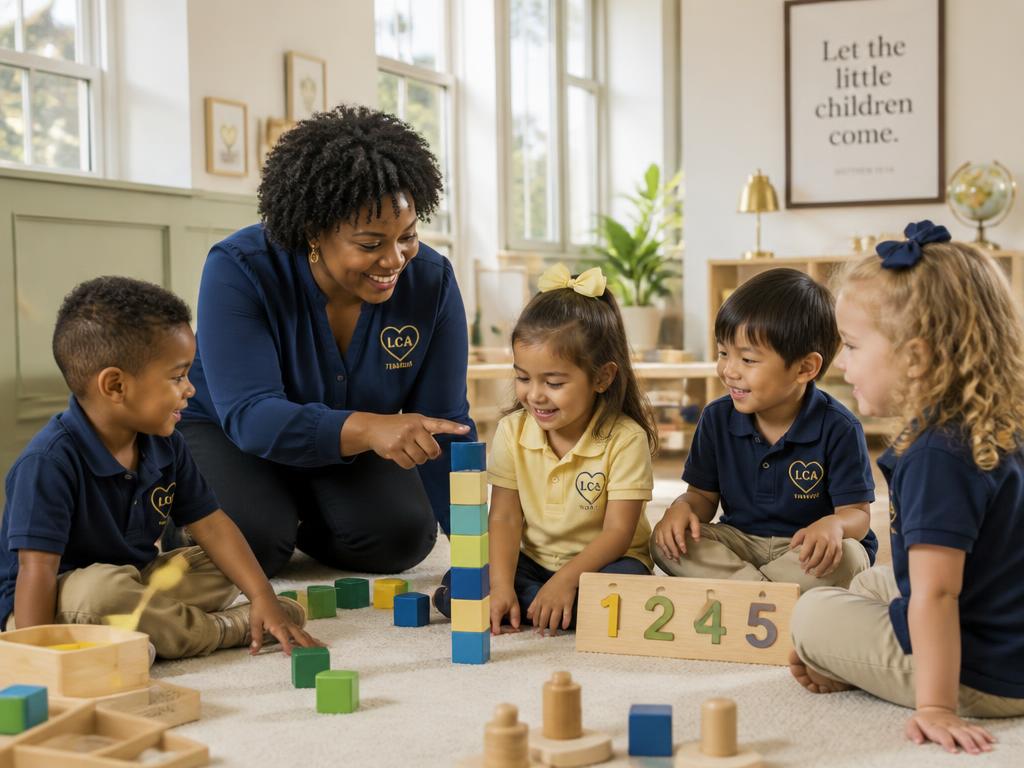 LCA teacher guiding preschool children in playful block and counting activities