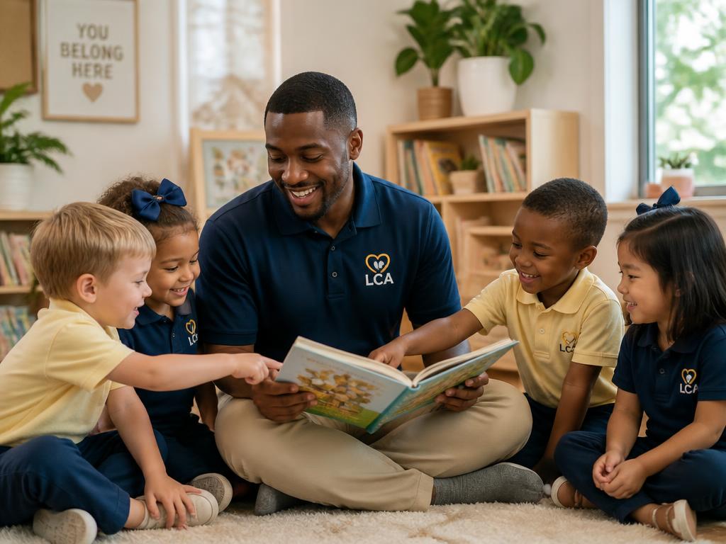 LCA teacher reading a picture book to a diverse group of preschool children